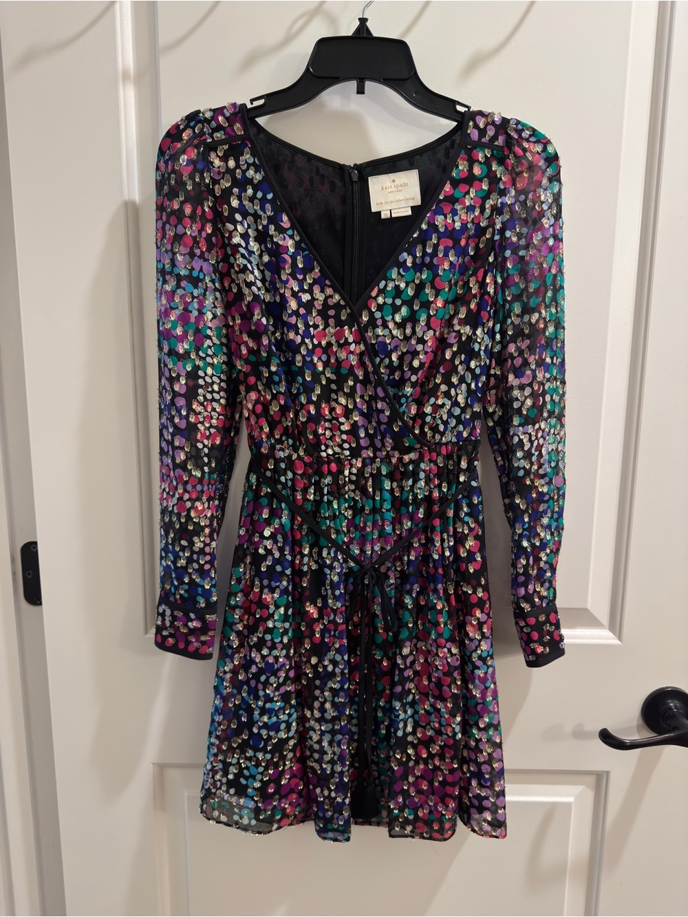 Kate Spade Multicolor Sequin Dot Print Long-Sleeve Wrap Dress